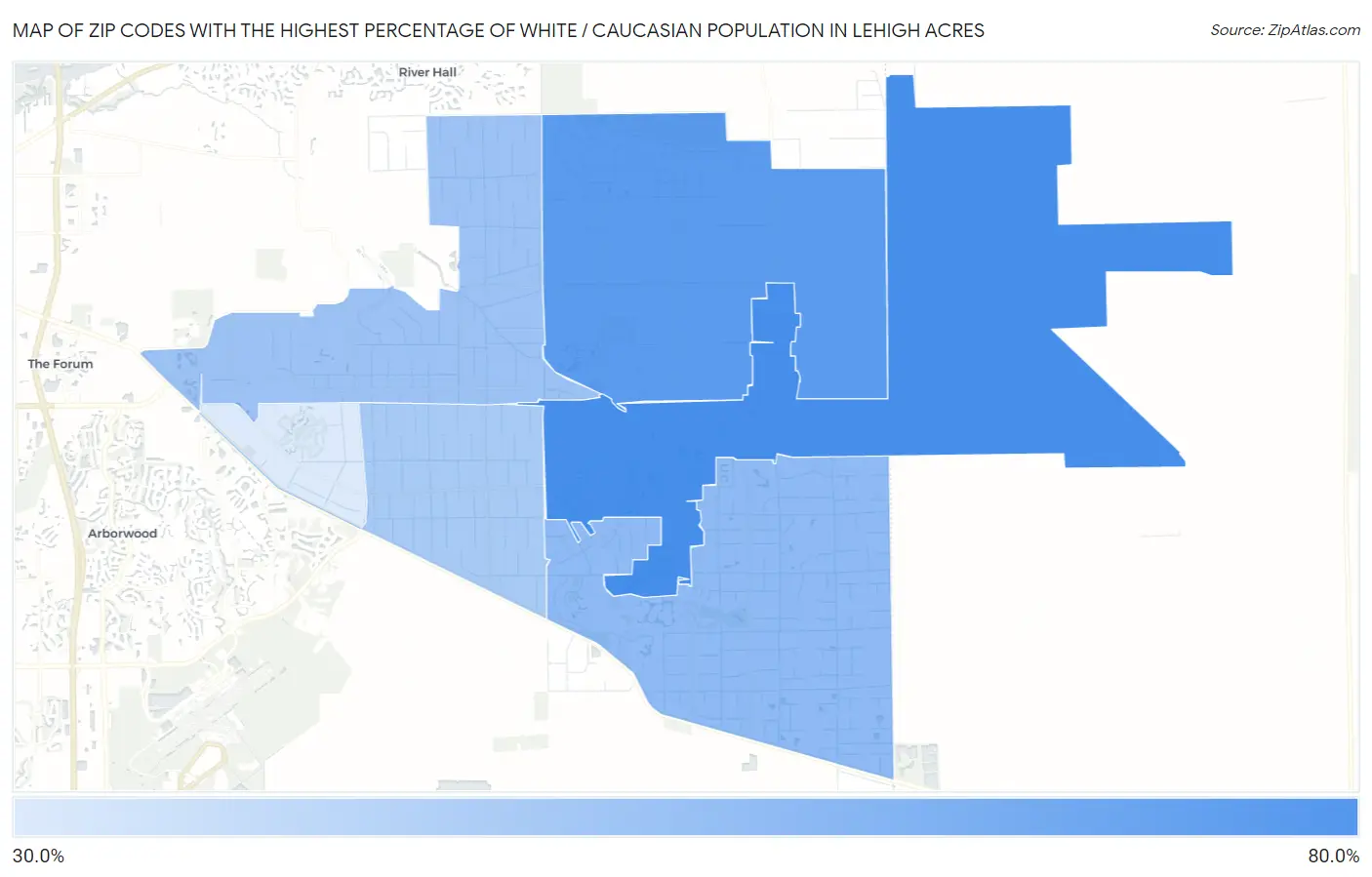 Zip Codes with the Highest Percentage of White / Caucasian Population in Lehigh Acres Map