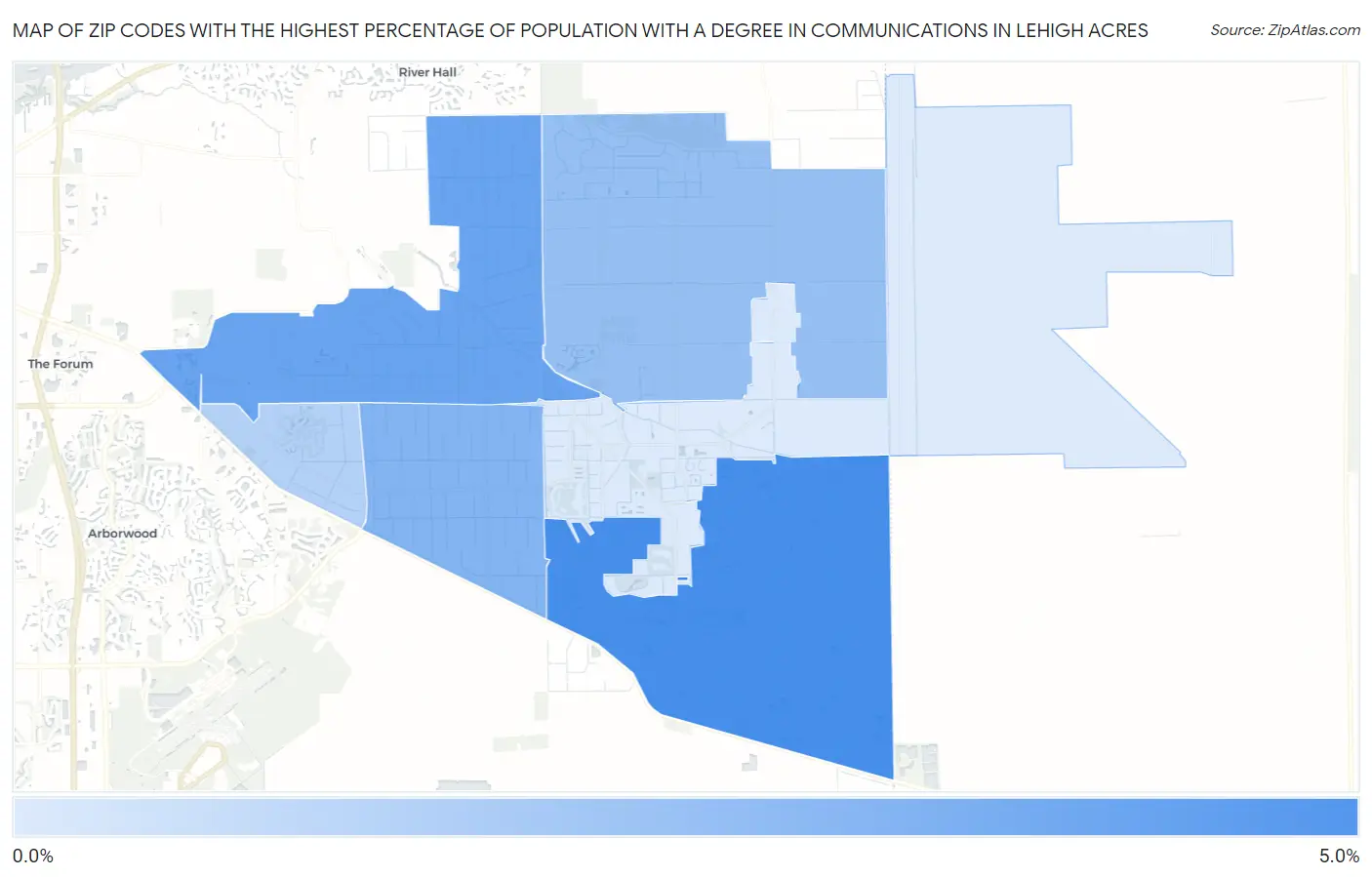 Zip Codes with the Highest Percentage of Population with a Degree in Communications in Lehigh Acres Map