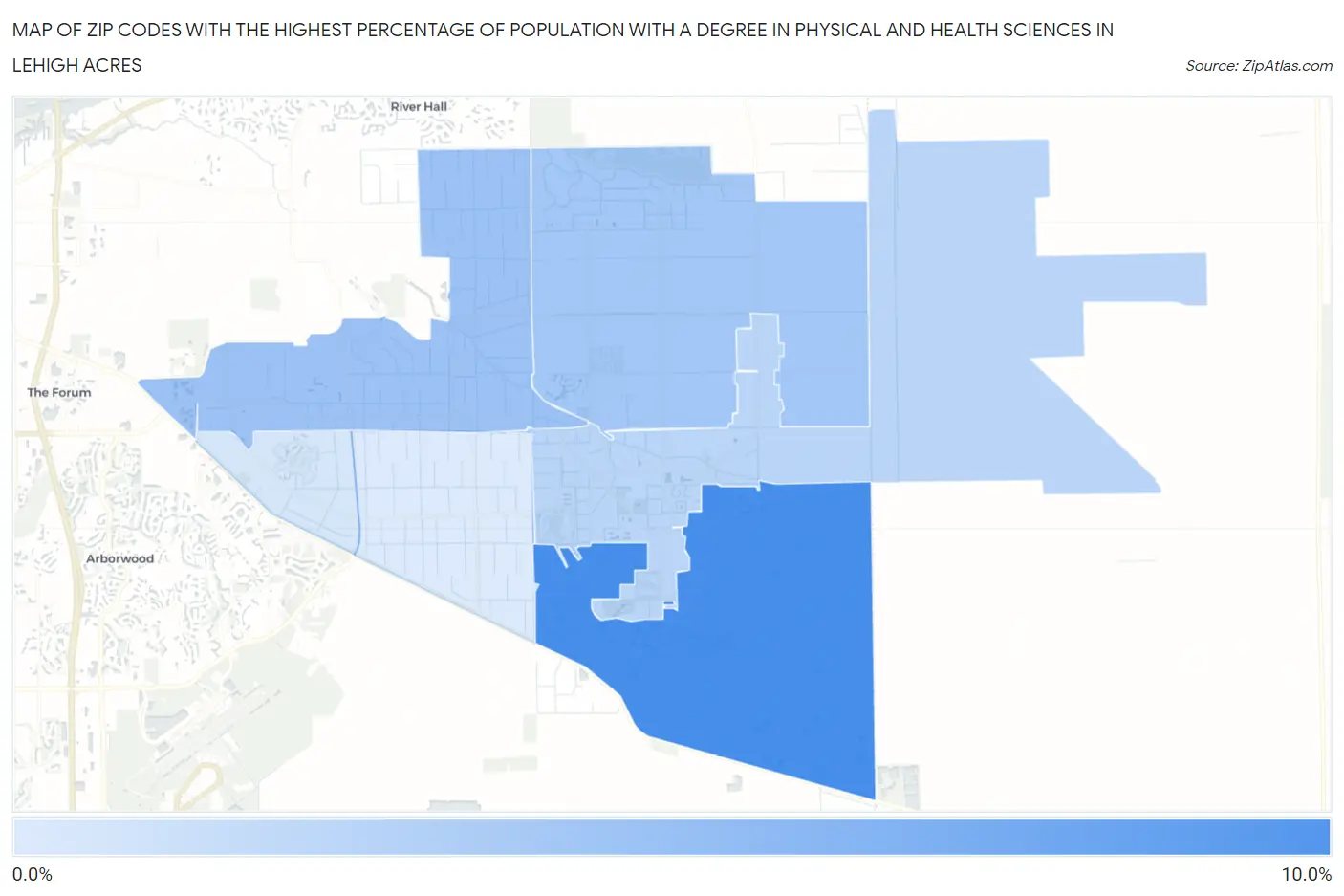 Zip Codes with the Highest Percentage of Population with a Degree in Physical and Health Sciences in Lehigh Acres Map