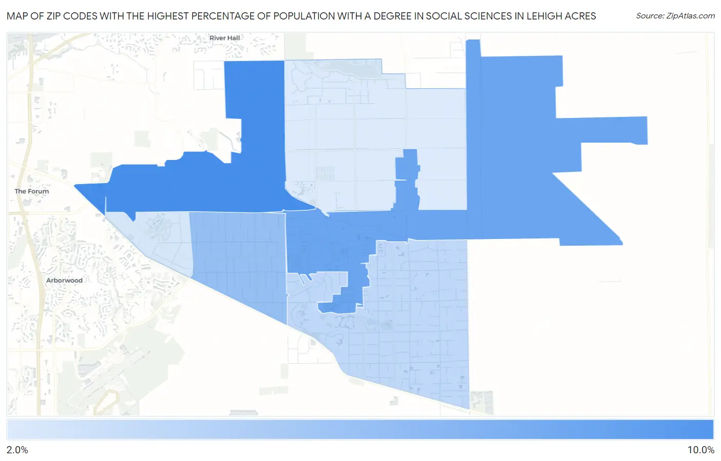 Zip Codes with the Highest Percentage of Population with a Degree in Social Sciences in Lehigh Acres Map