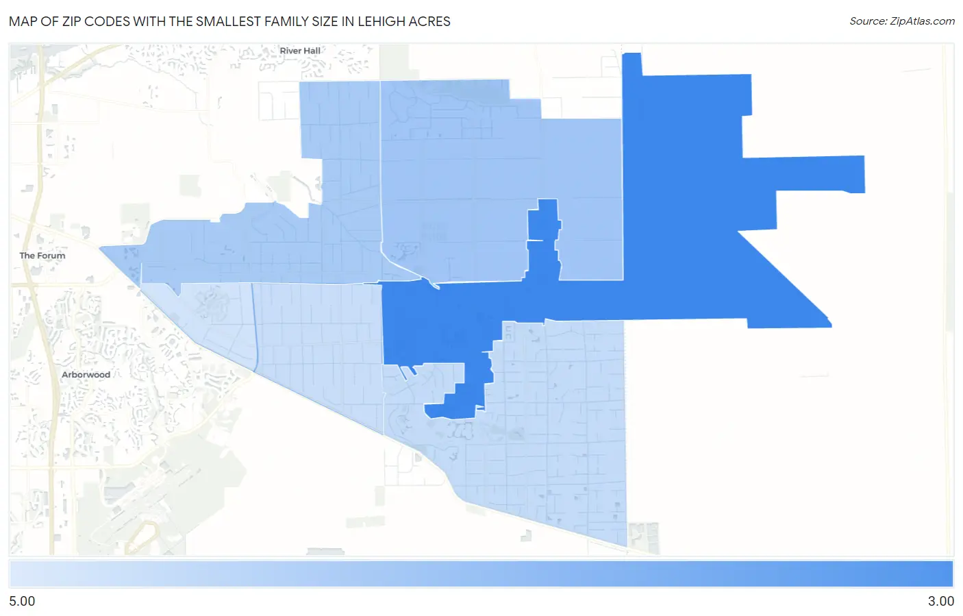 Zip Codes with the Smallest Family Size in Lehigh Acres Map