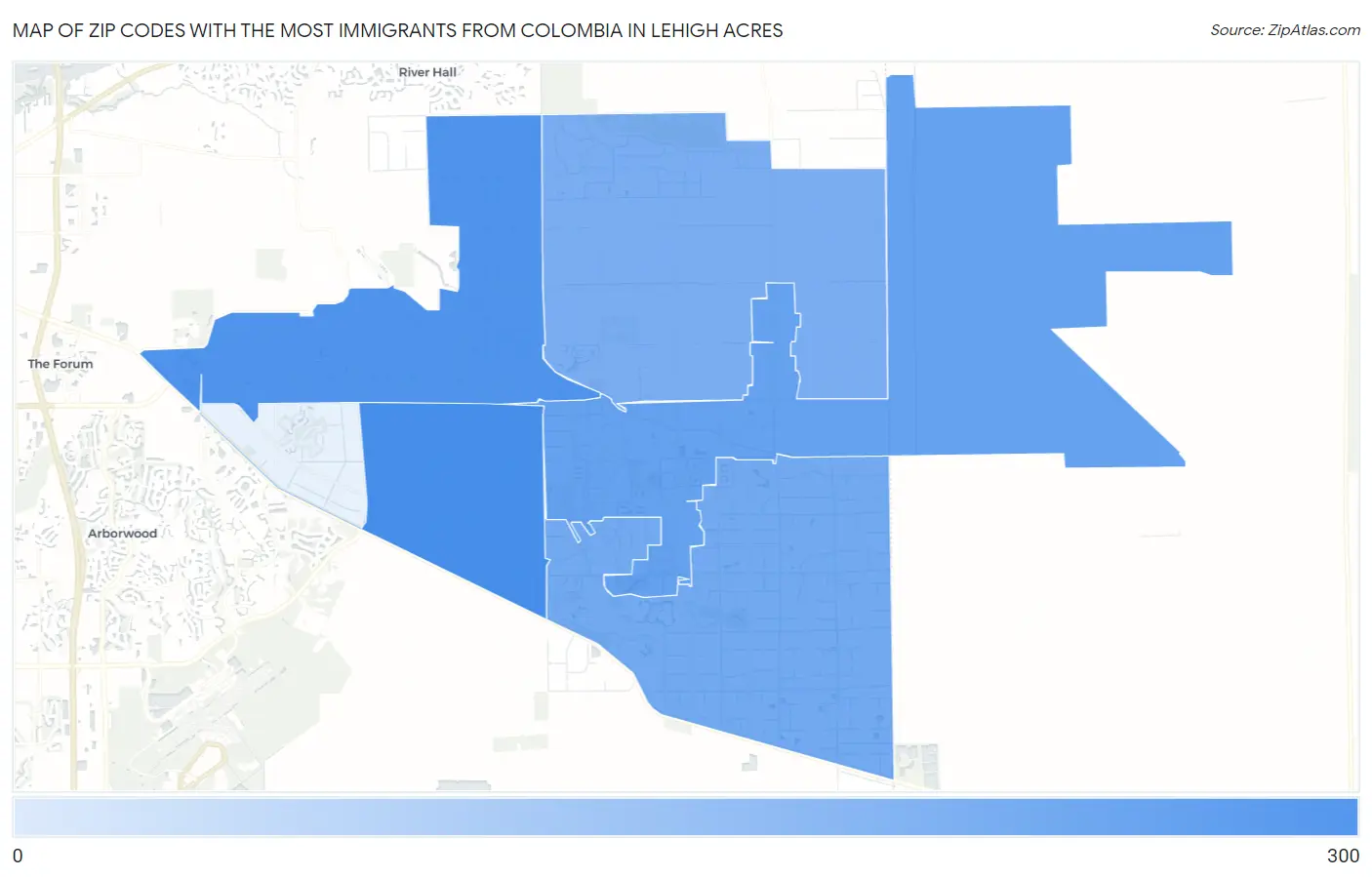 Zip Codes with the Most Immigrants from Colombia in Lehigh Acres Map