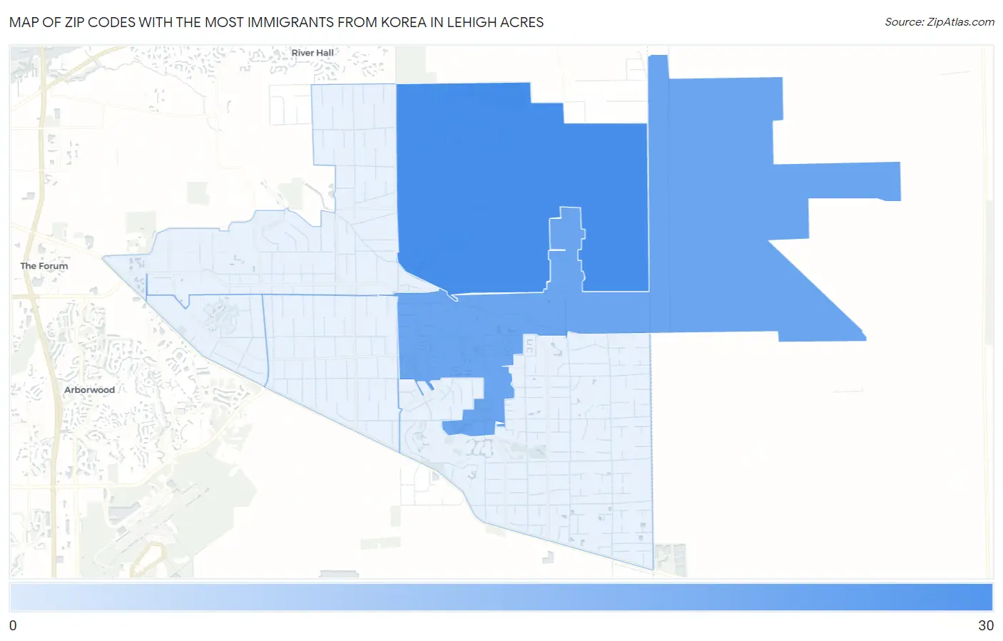 Zip Codes with the Most Immigrants from Korea in Lehigh Acres Map