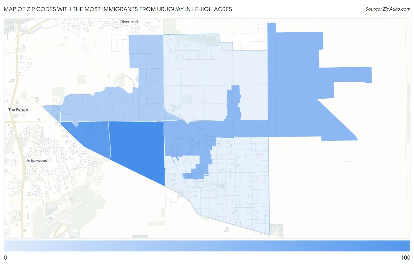 Zip Codes with the Most Immigrants from Uruguay in Lehigh Acres Map