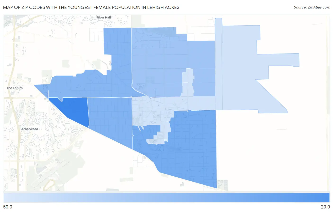 Zip Codes with the Youngest Female Population in Lehigh Acres Map