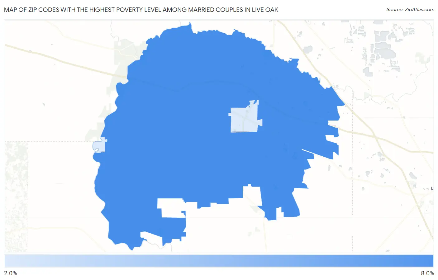 Zip Codes with the Highest Poverty Level Among Married Couples in Live Oak Map