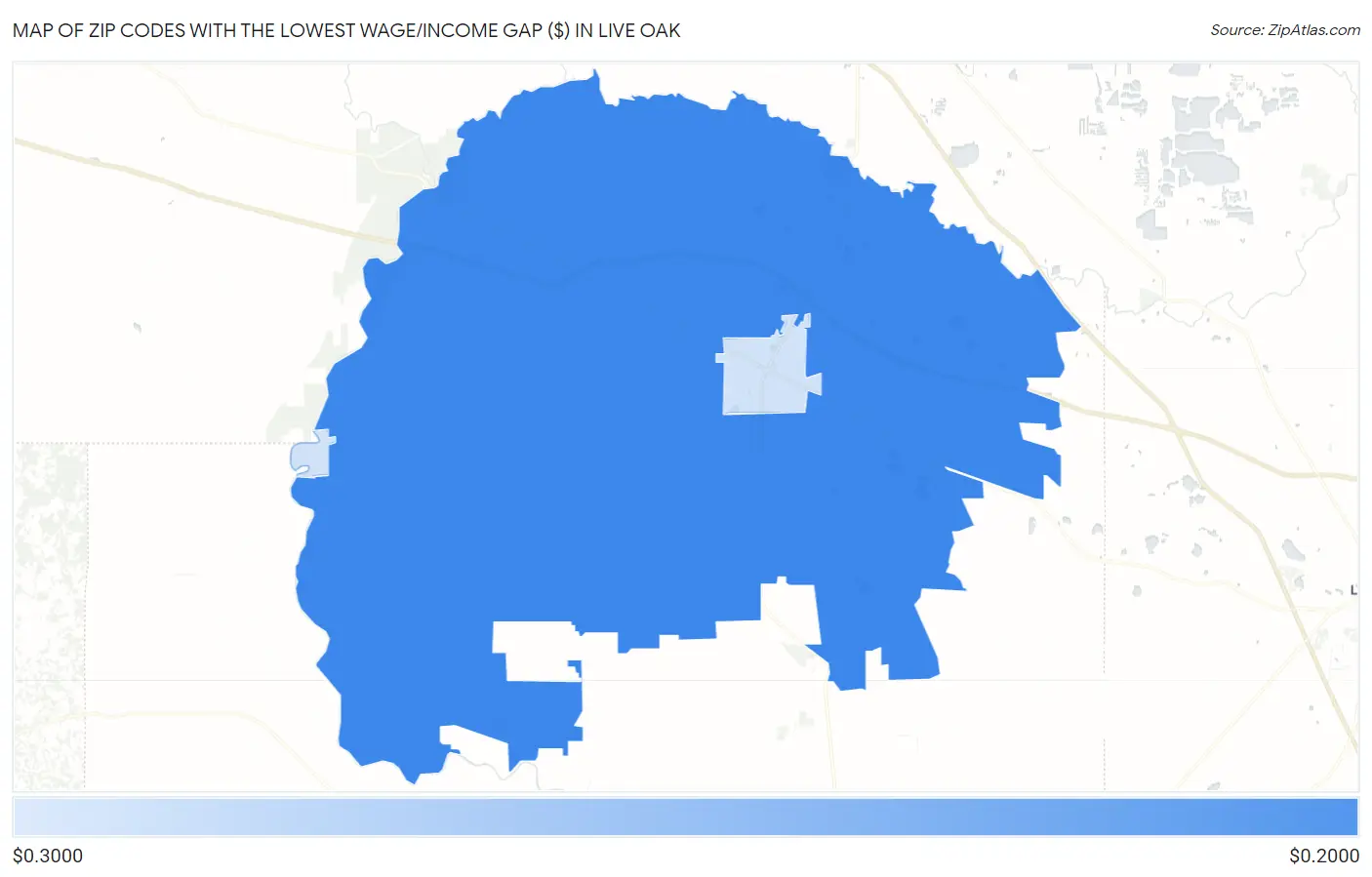Zip Codes with the Lowest Wage/Income Gap ($) in Live Oak Map
