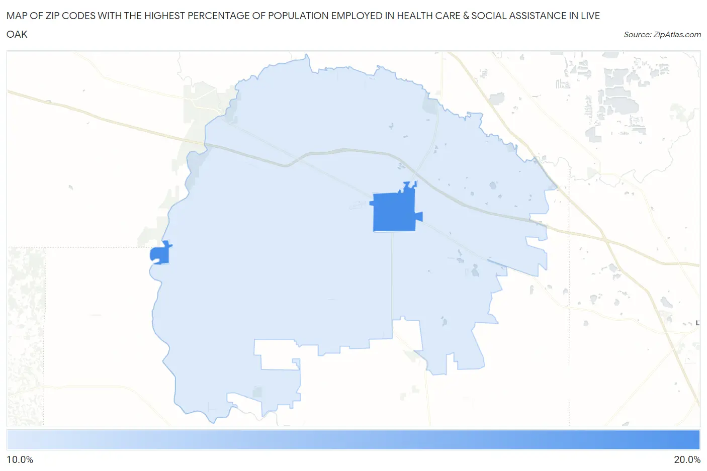 Zip Codes with the Highest Percentage of Population Employed in Health Care & Social Assistance in Live Oak Map