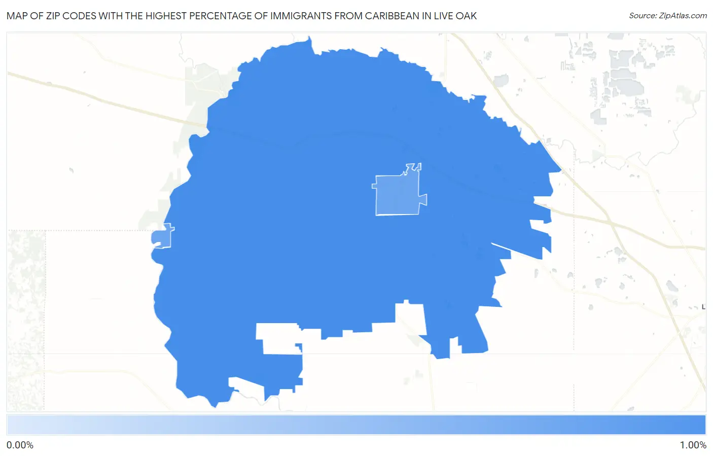 Zip Codes with the Highest Percentage of Immigrants from Caribbean in Live Oak Map
