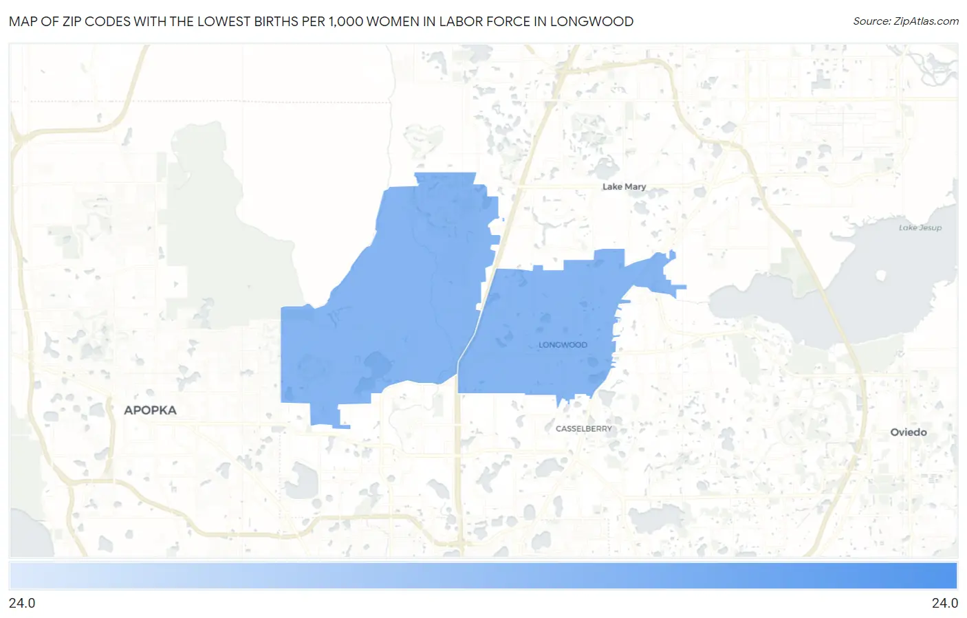 Zip Codes with the Lowest Births per 1,000 Women in Labor Force in Longwood Map