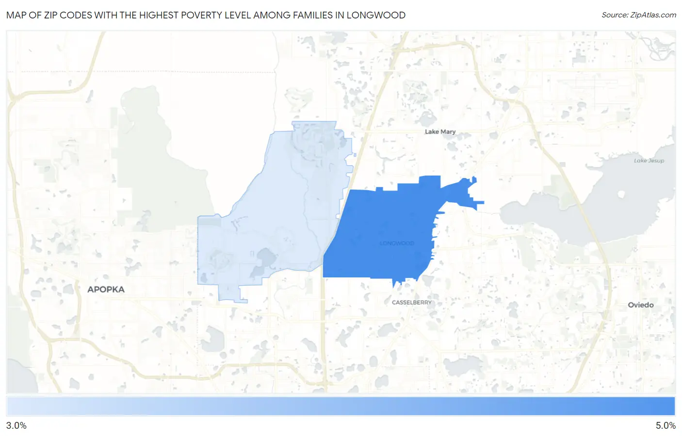 Zip Codes with the Highest Poverty Level Among Families in Longwood Map