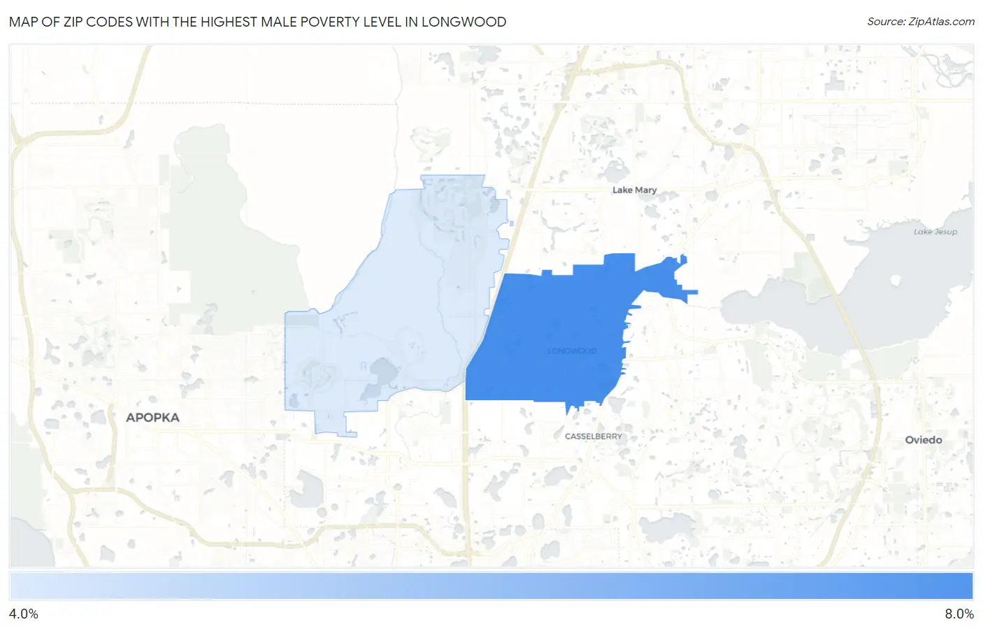 Zip Codes with the Highest Male Poverty Level in Longwood Map