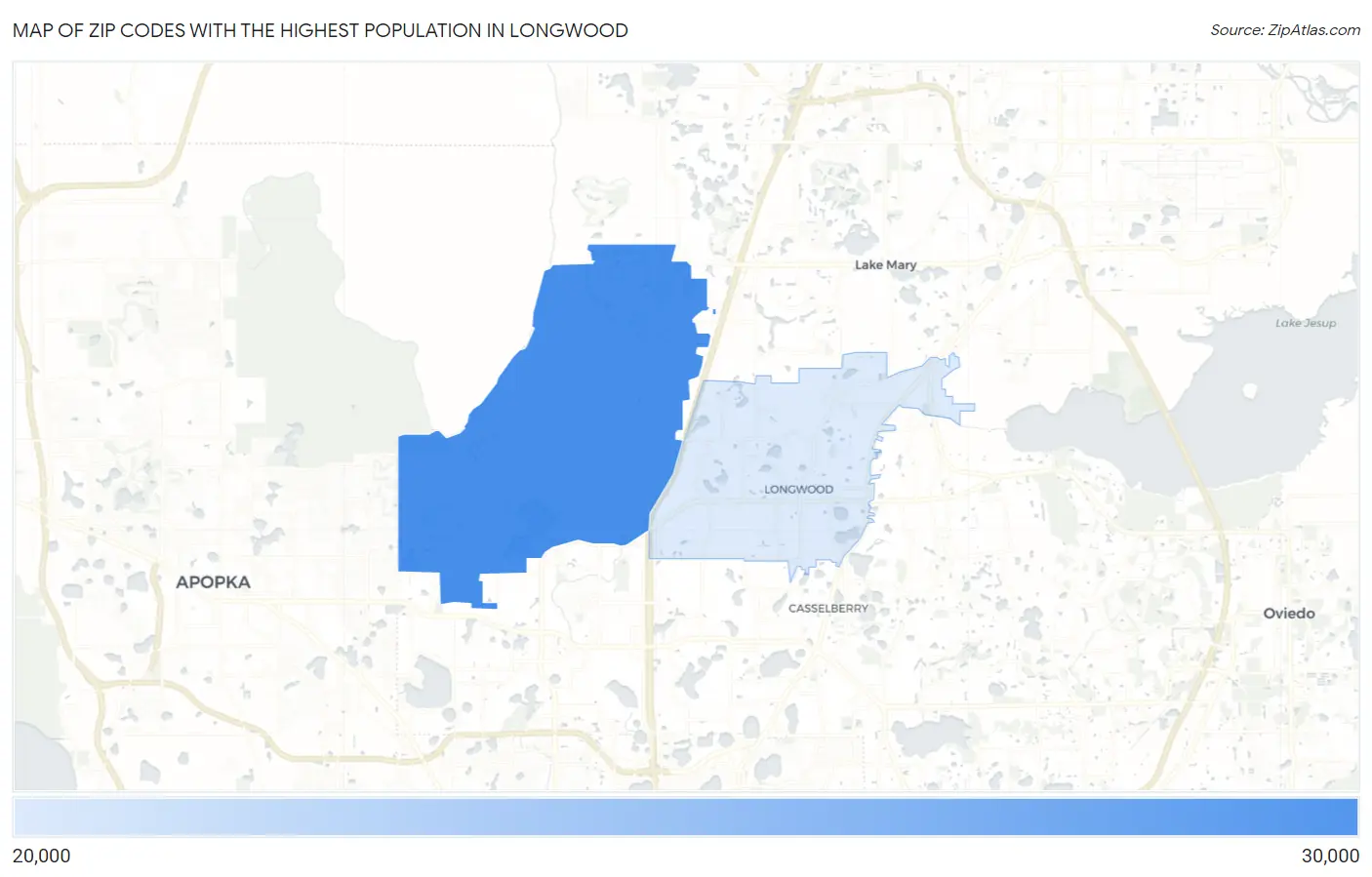 Zip Codes with the Highest Population in Longwood Map