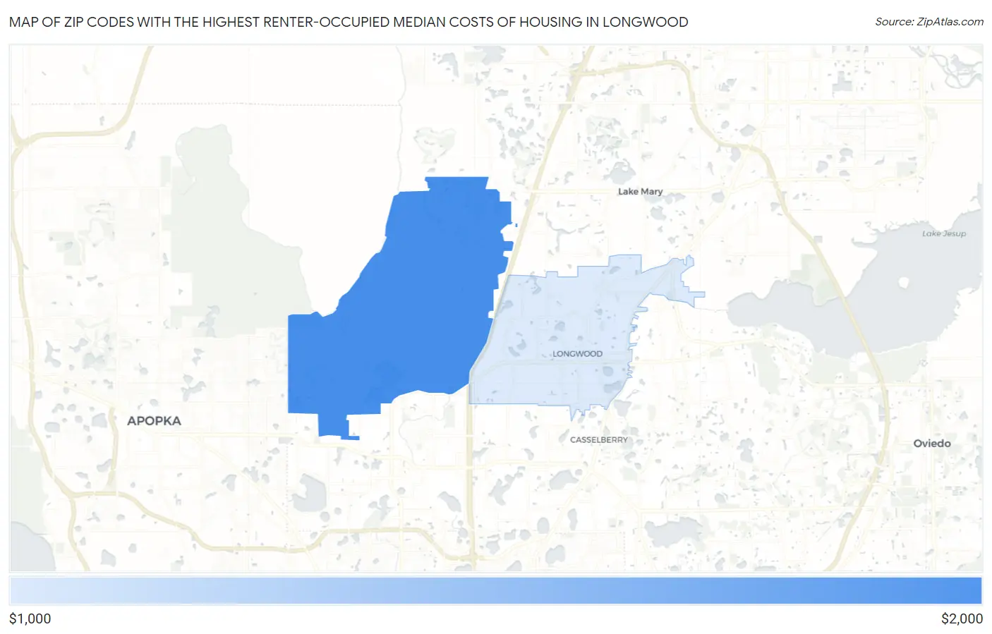 Zip Codes with the Highest Renter-Occupied Median Costs of Housing in Longwood Map