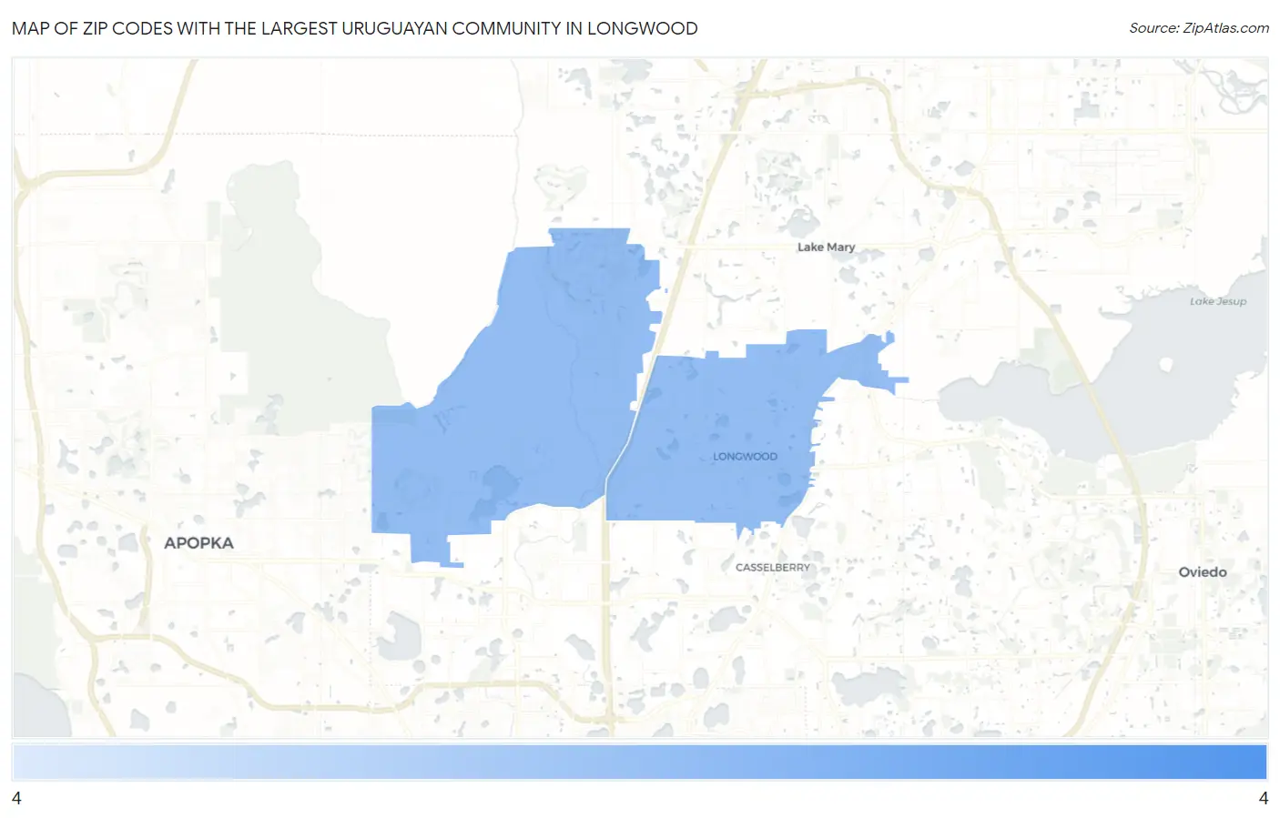 Zip Codes with the Largest Uruguayan Community in Longwood Map