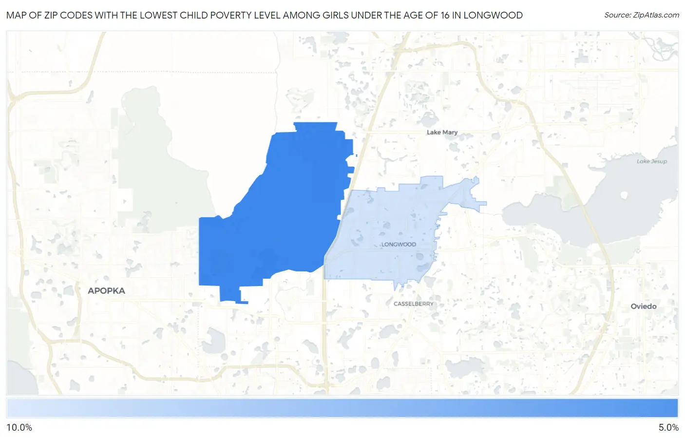 Zip Codes with the Lowest Child Poverty Level Among Girls Under the Age of 16 in Longwood Map