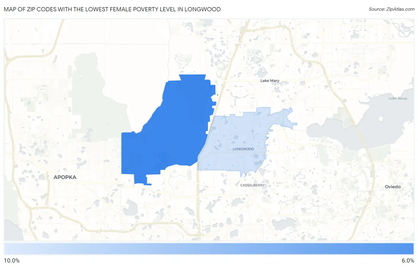 Zip Codes with the Lowest Female Poverty Level in Longwood Map