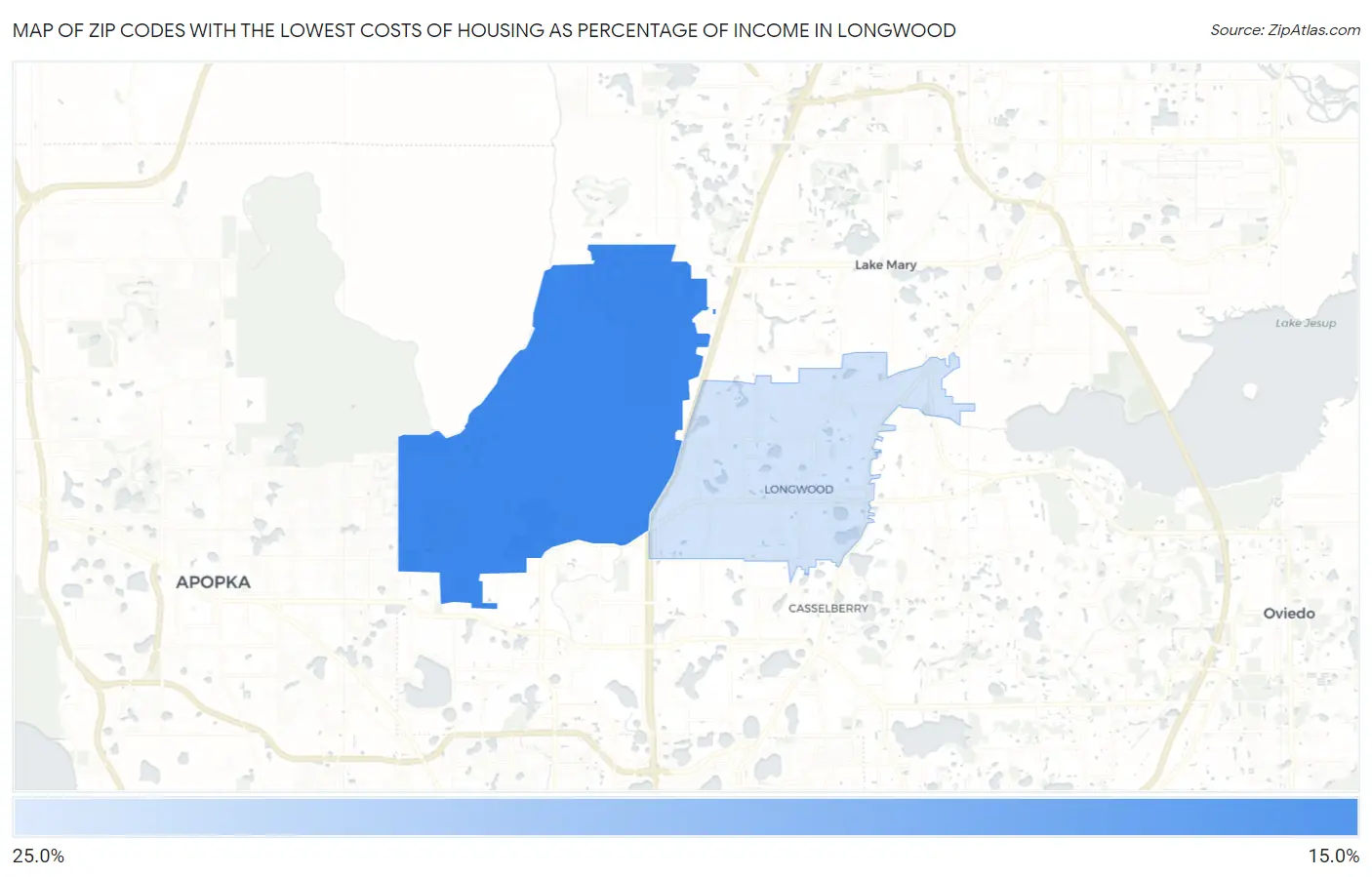 Zip Codes with the Lowest Costs of Housing as Percentage of Income in Longwood Map