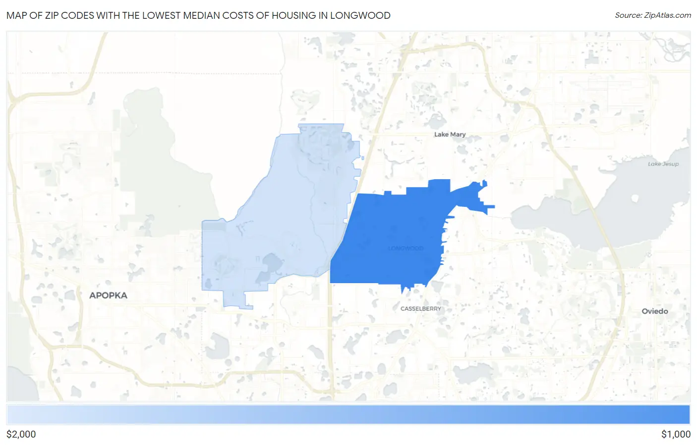 Zip Codes with the Lowest Median Costs of Housing in Longwood Map