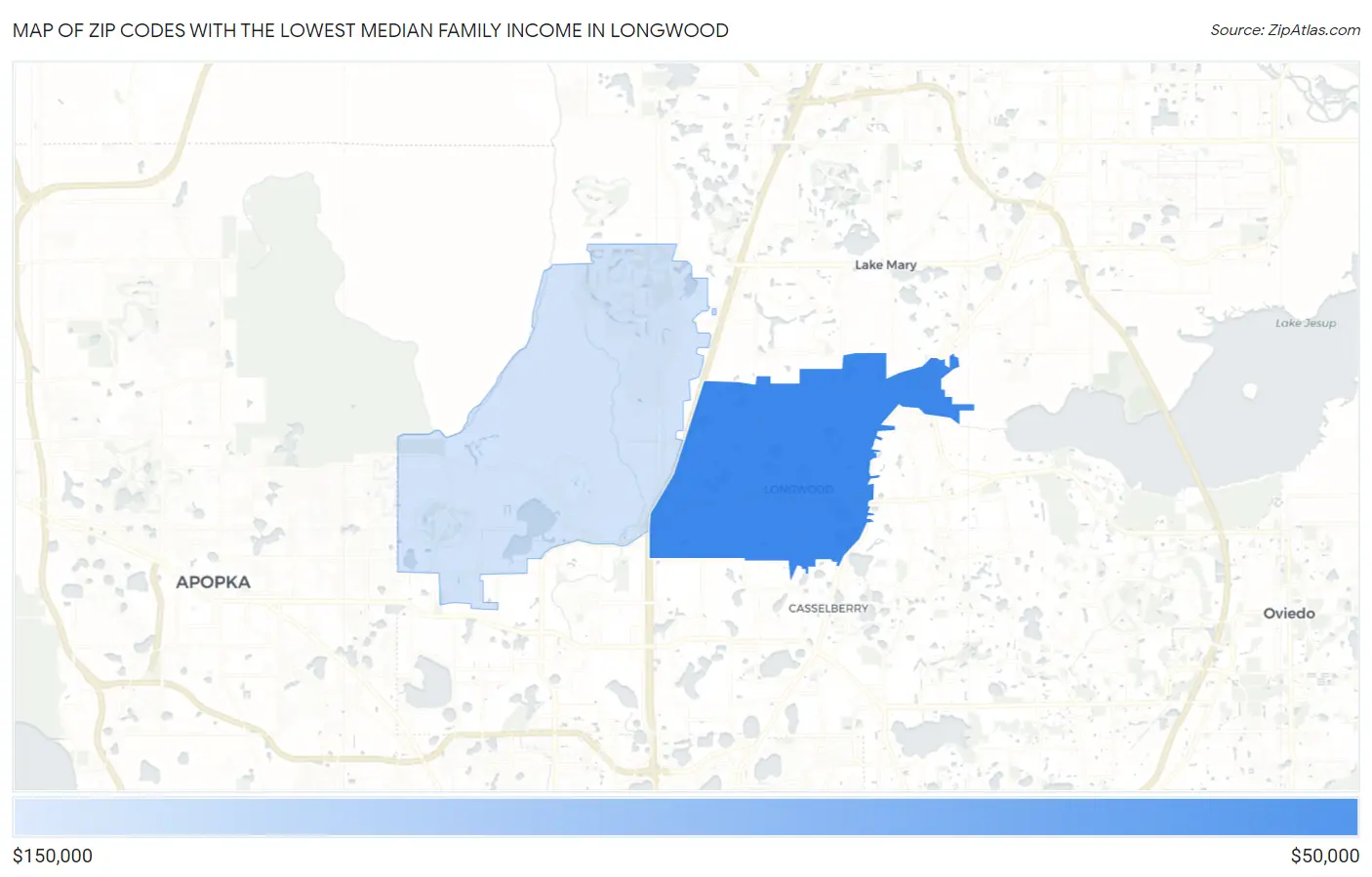 Zip Codes with the Lowest Median Family Income in Longwood Map