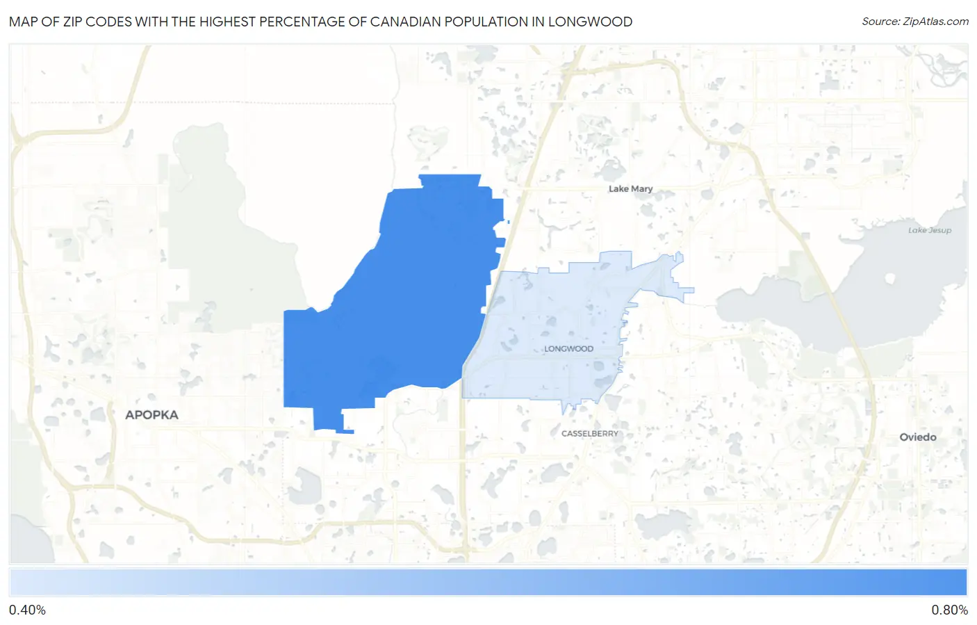 Zip Codes with the Highest Percentage of Canadian Population in Longwood Map