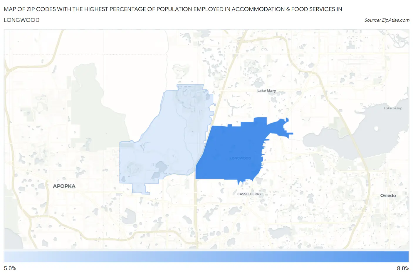 Zip Codes with the Highest Percentage of Population Employed in Accommodation & Food Services in Longwood Map