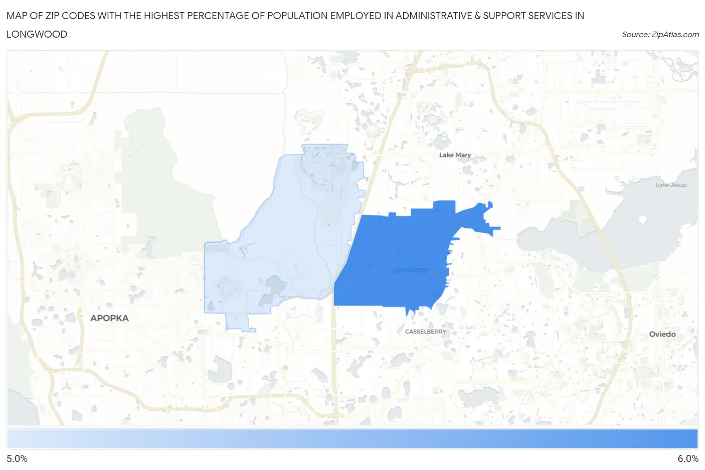 Zip Codes with the Highest Percentage of Population Employed in Administrative & Support Services in Longwood Map