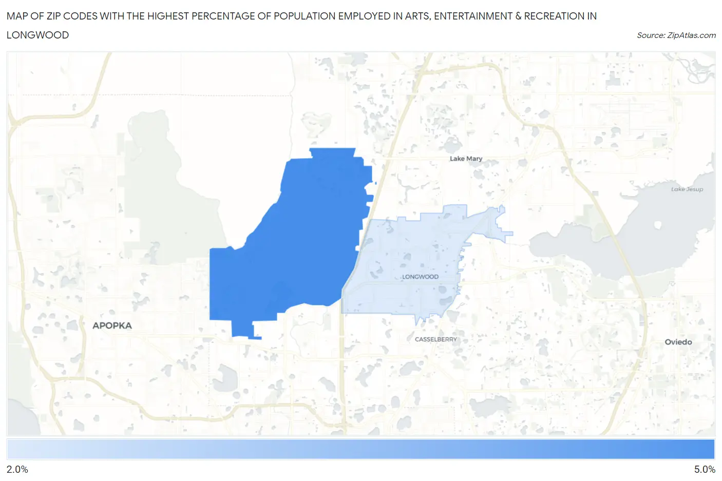 Zip Codes with the Highest Percentage of Population Employed in Arts, Entertainment & Recreation in Longwood Map