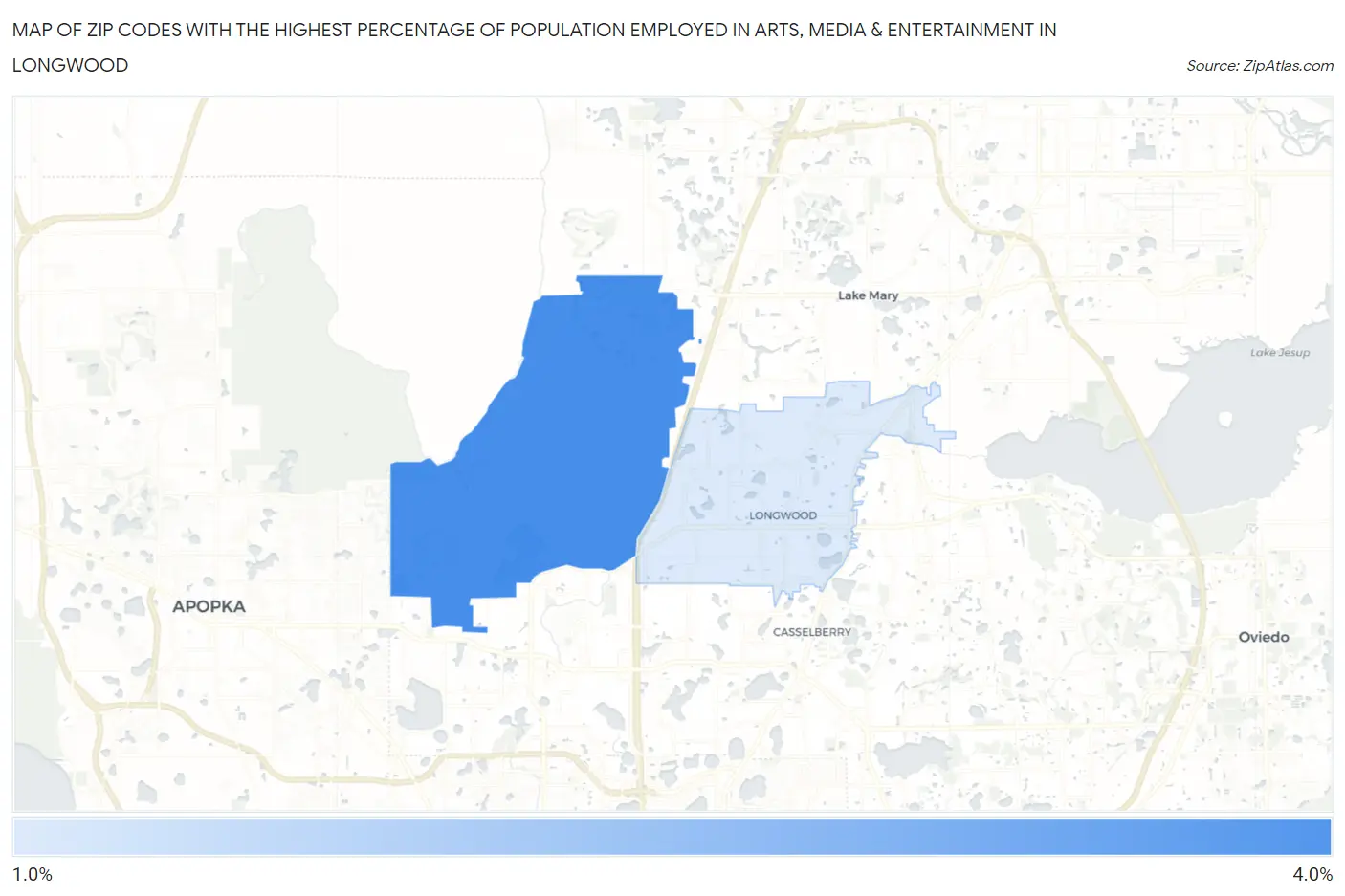 Zip Codes with the Highest Percentage of Population Employed in Arts, Media & Entertainment in Longwood Map