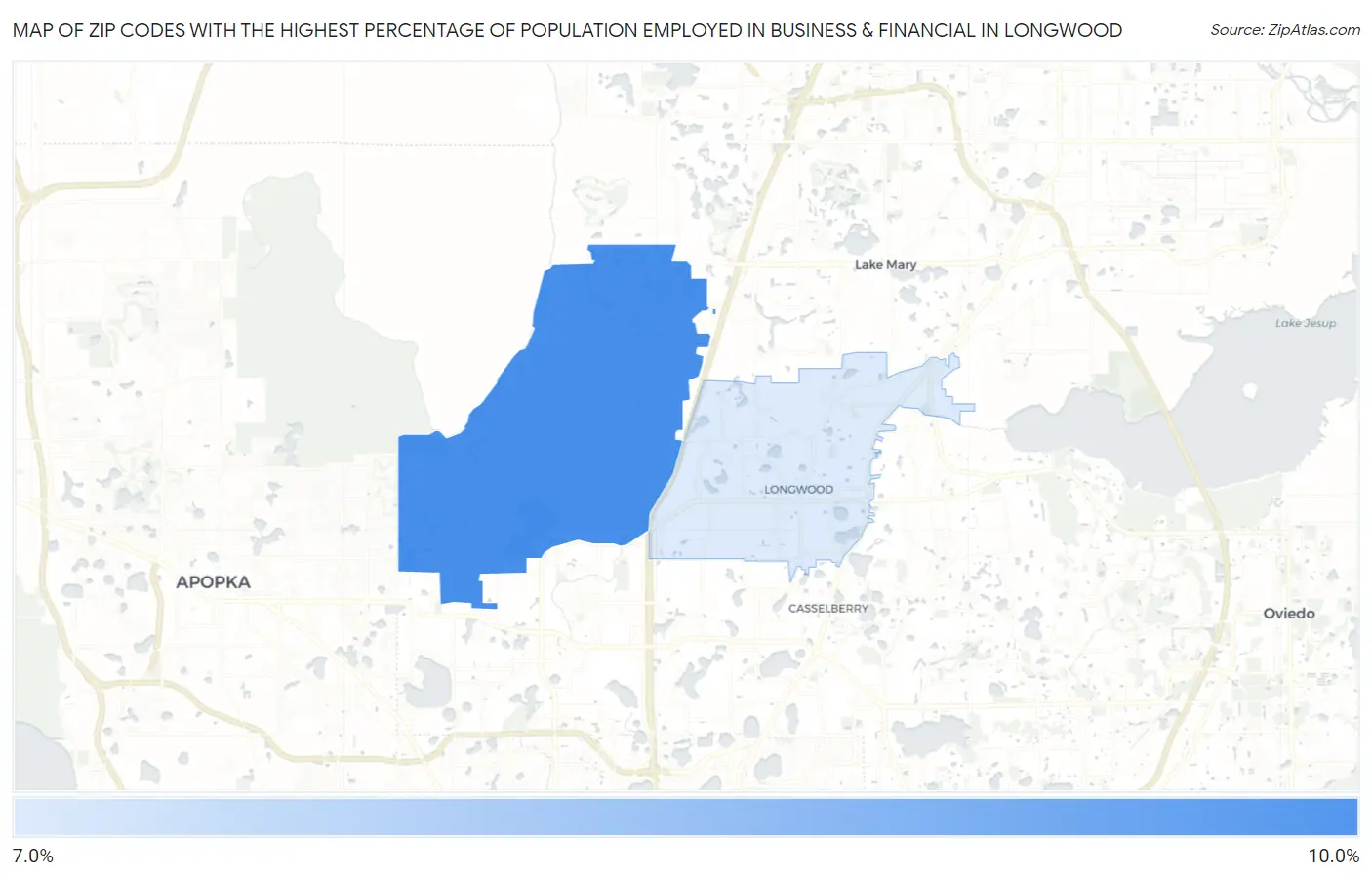Zip Codes with the Highest Percentage of Population Employed in Business & Financial in Longwood Map