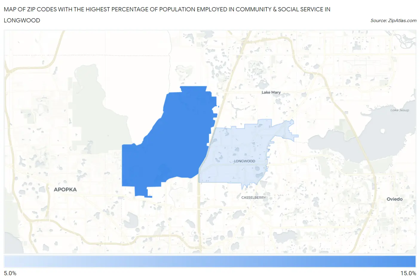 Zip Codes with the Highest Percentage of Population Employed in Community & Social Service  in Longwood Map