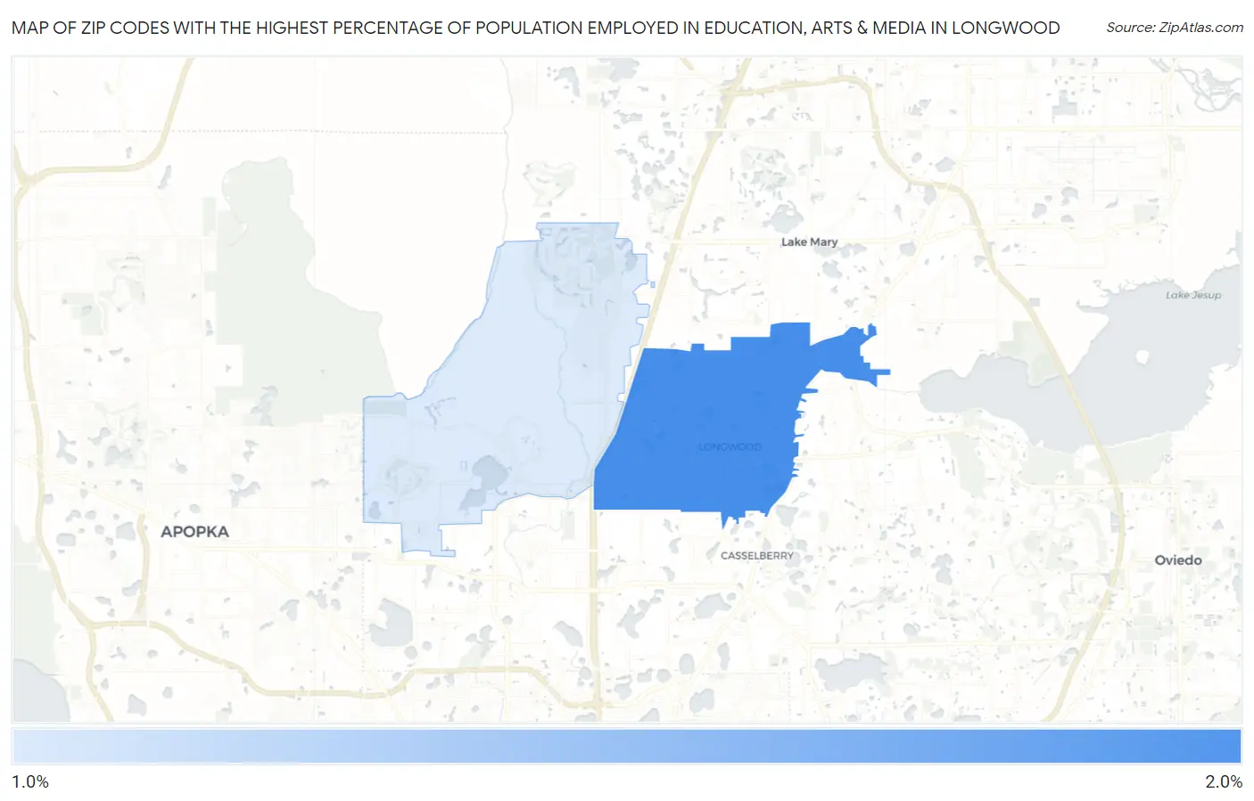 Zip Codes with the Highest Percentage of Population Employed in Education, Arts & Media in Longwood Map