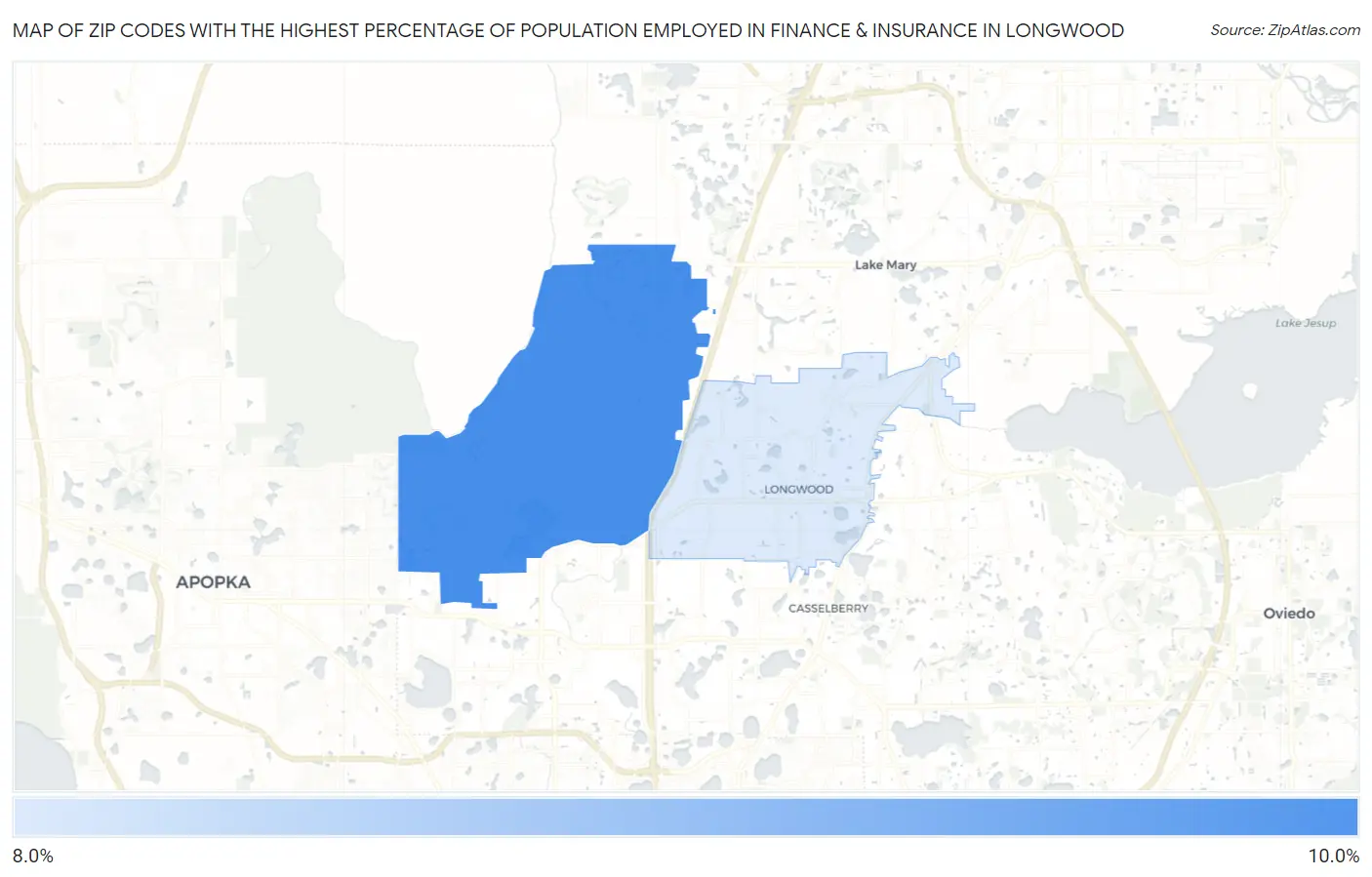 Zip Codes with the Highest Percentage of Population Employed in Finance & Insurance in Longwood Map