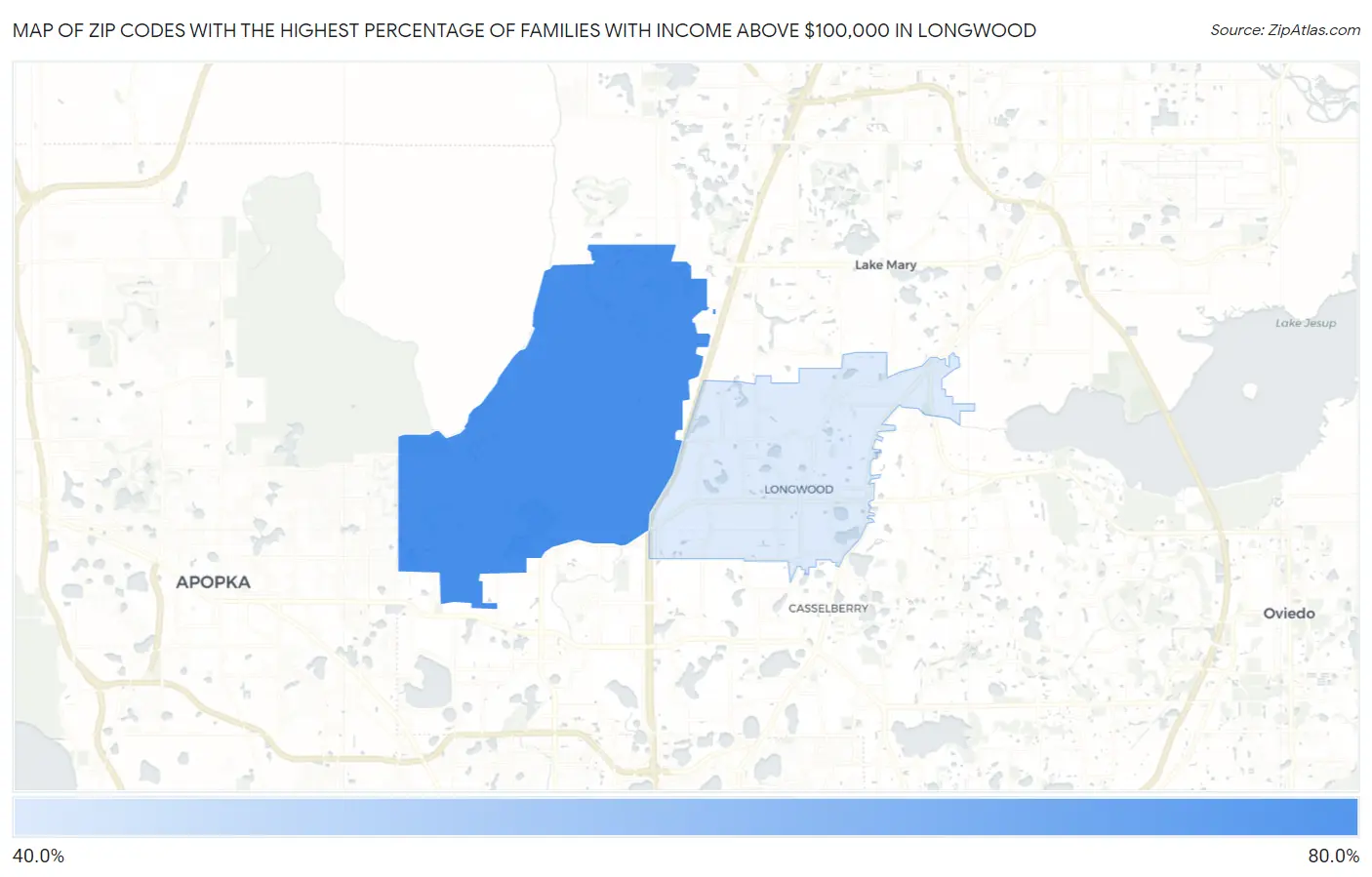 Zip Codes with the Highest Percentage of Families with Income Above $100,000 in Longwood Map