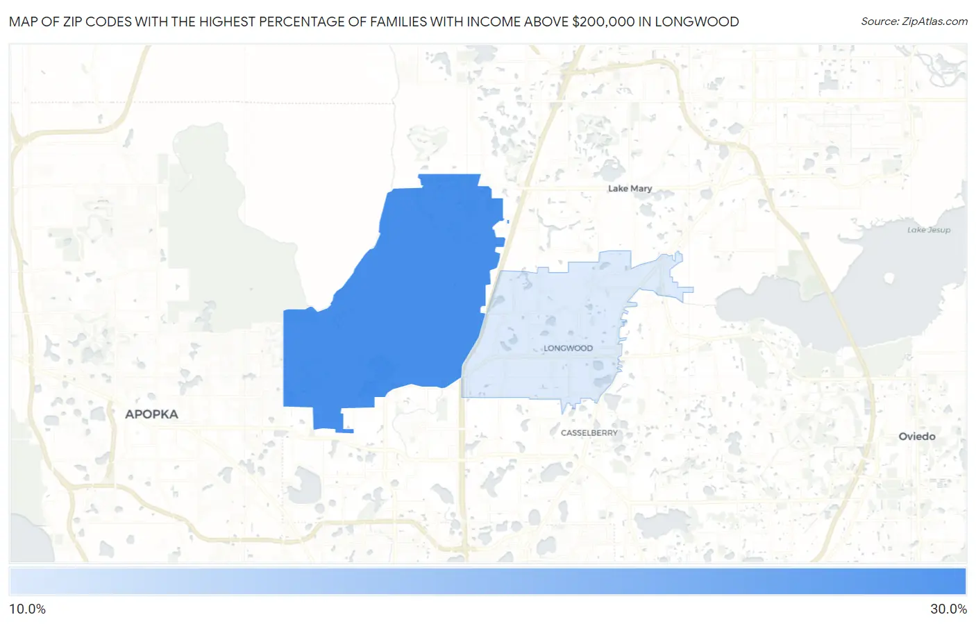 Zip Codes with the Highest Percentage of Families with Income Above $200,000 in Longwood Map