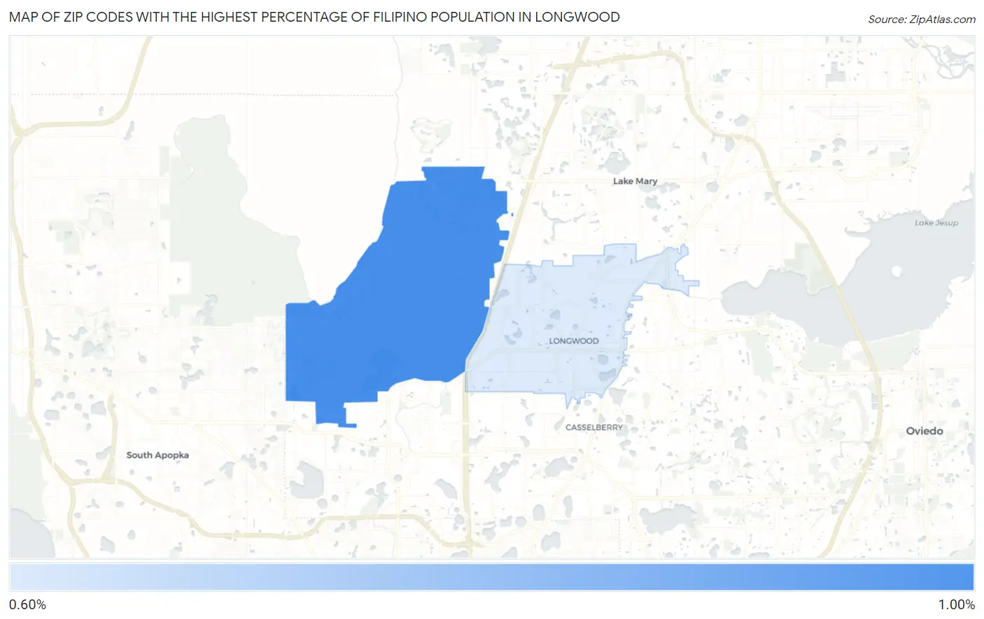 Zip Codes with the Highest Percentage of Filipino Population in Longwood Map