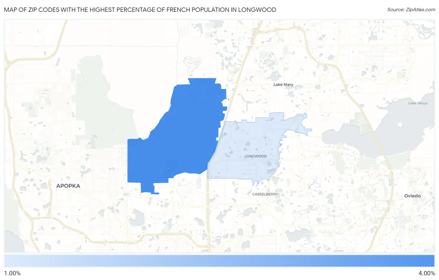 Zip Codes with the Highest Percentage of French Population in Longwood Map