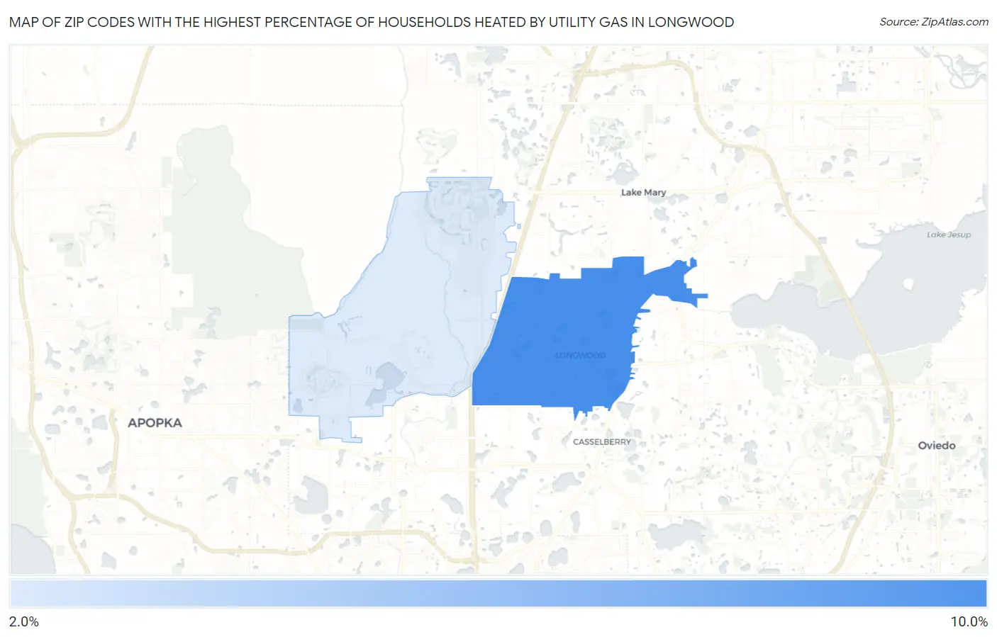Zip Codes with the Highest Percentage of Households Heated by Utility Gas in Longwood Map