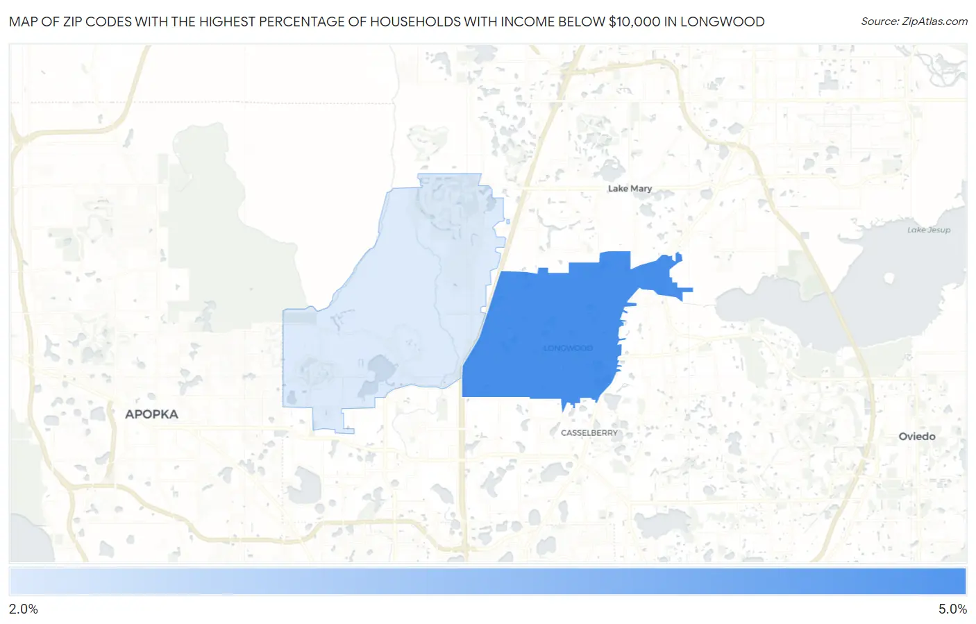 Zip Codes with the Highest Percentage of Households with Income Below $10,000 in Longwood Map