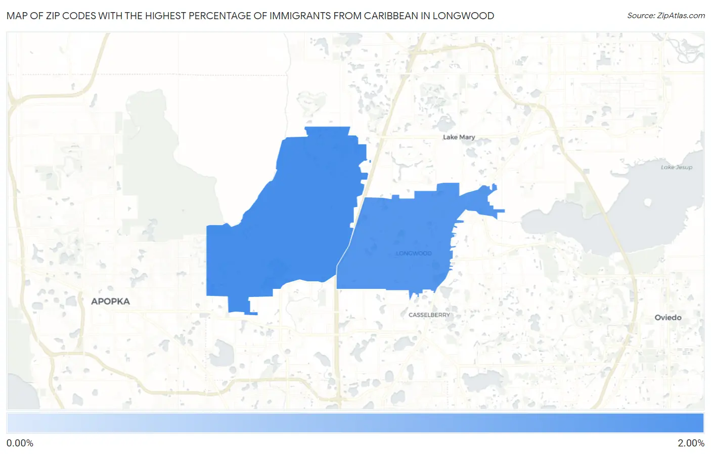 Zip Codes with the Highest Percentage of Immigrants from Caribbean in Longwood Map