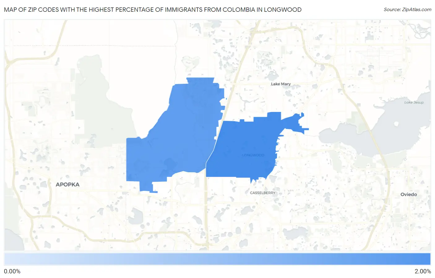 Zip Codes with the Highest Percentage of Immigrants from Colombia in Longwood Map
