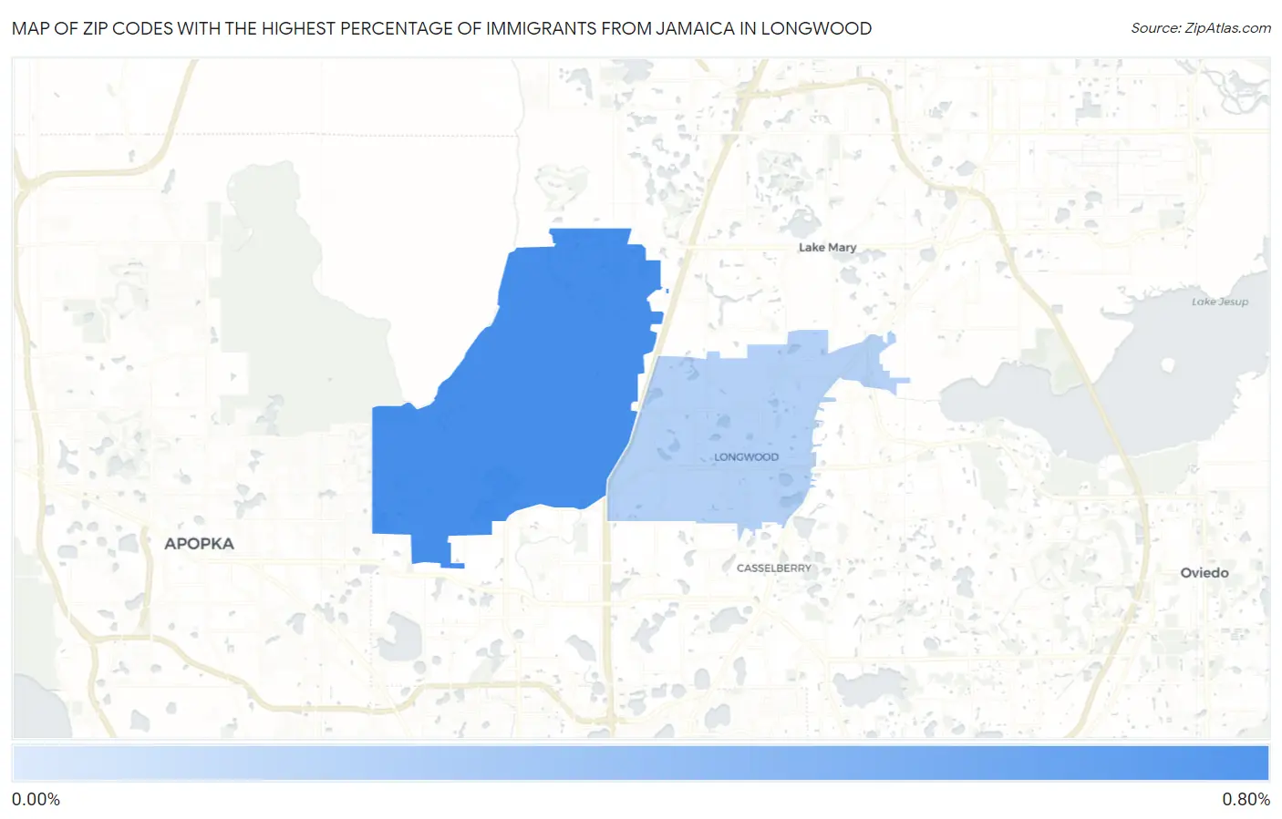 Zip Codes with the Highest Percentage of Immigrants from Jamaica in Longwood Map
