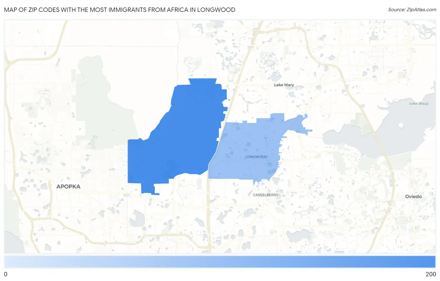 Zip Codes with the Most Immigrants from Africa in Longwood Map