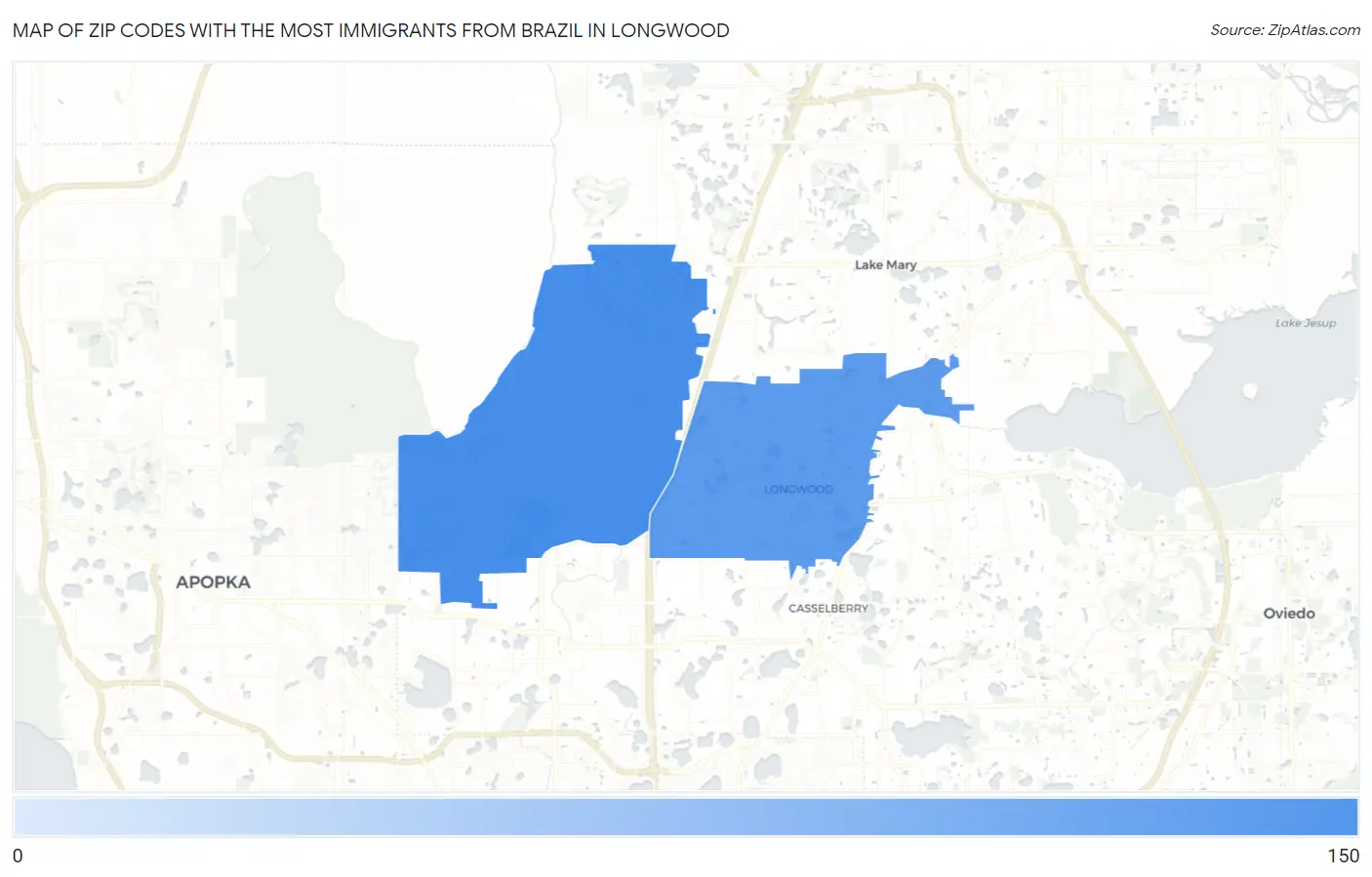 Zip Codes with the Most Immigrants from Brazil in Longwood Map
