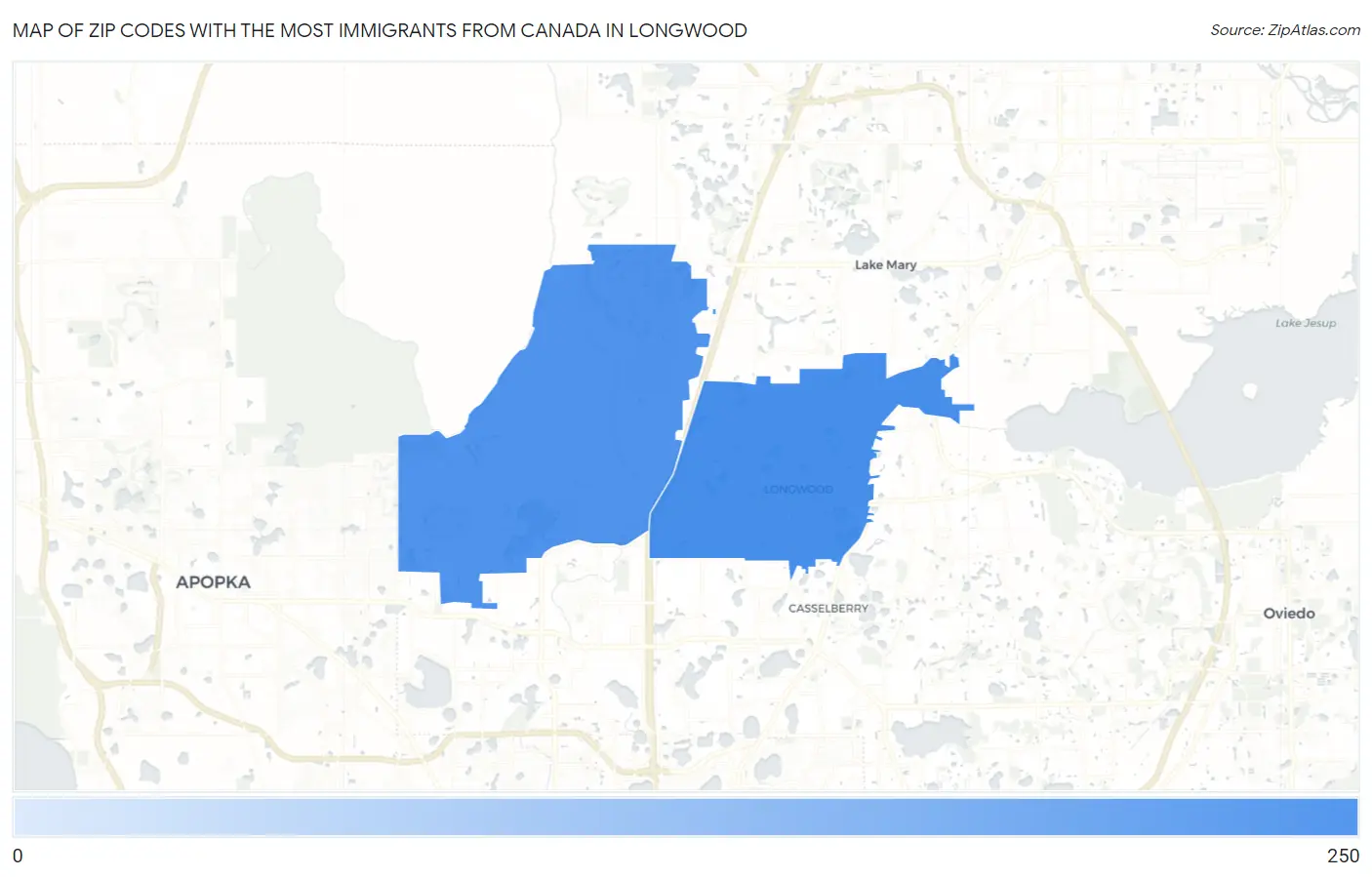 Zip Codes with the Most Immigrants from Canada in Longwood Map