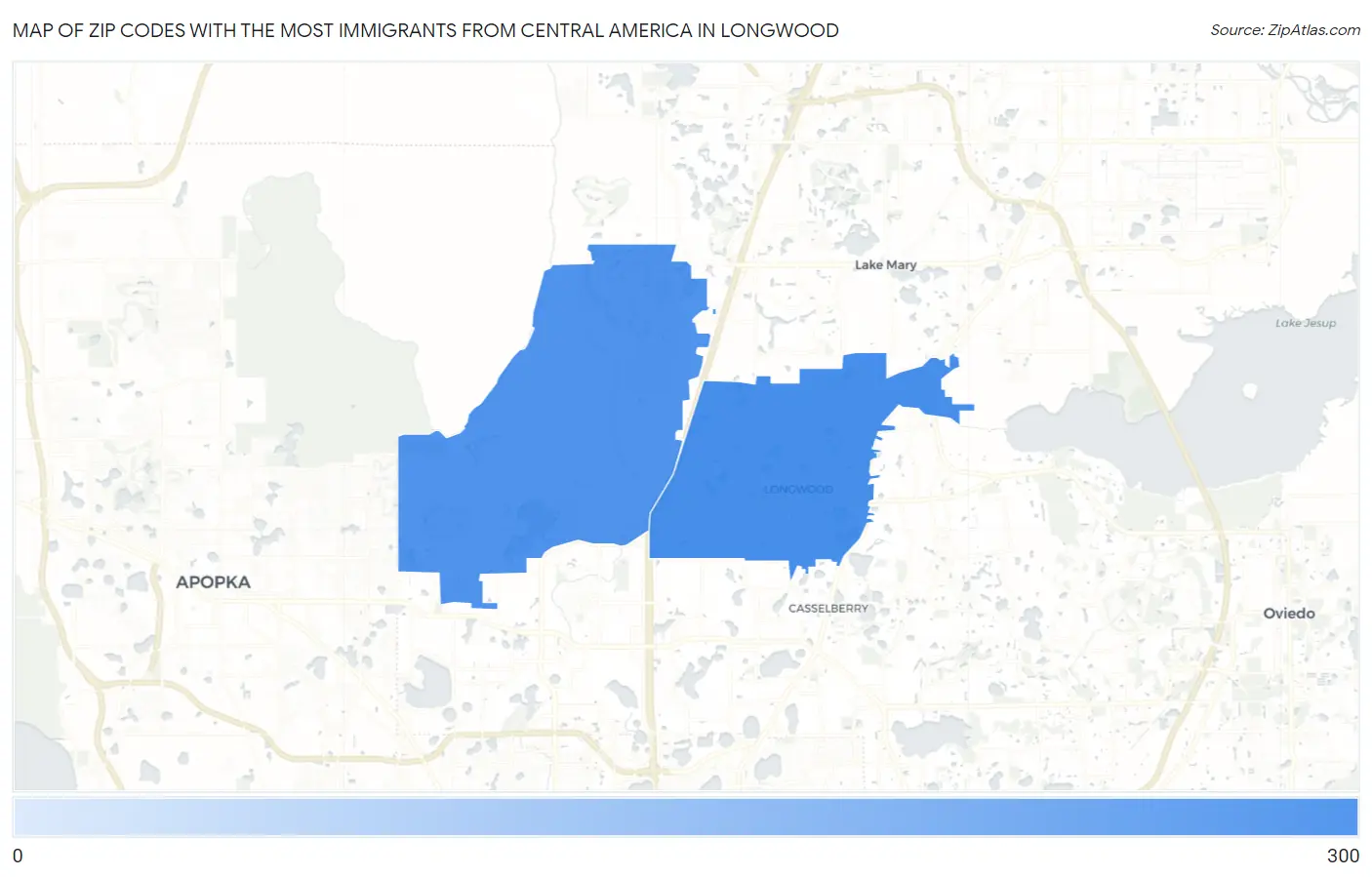 Zip Codes with the Most Immigrants from Central America in Longwood Map