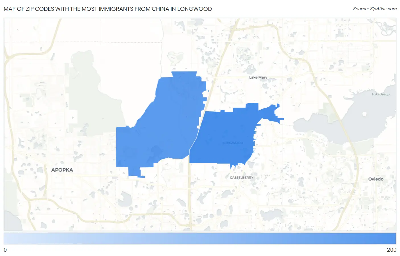 Zip Codes with the Most Immigrants from China in Longwood Map