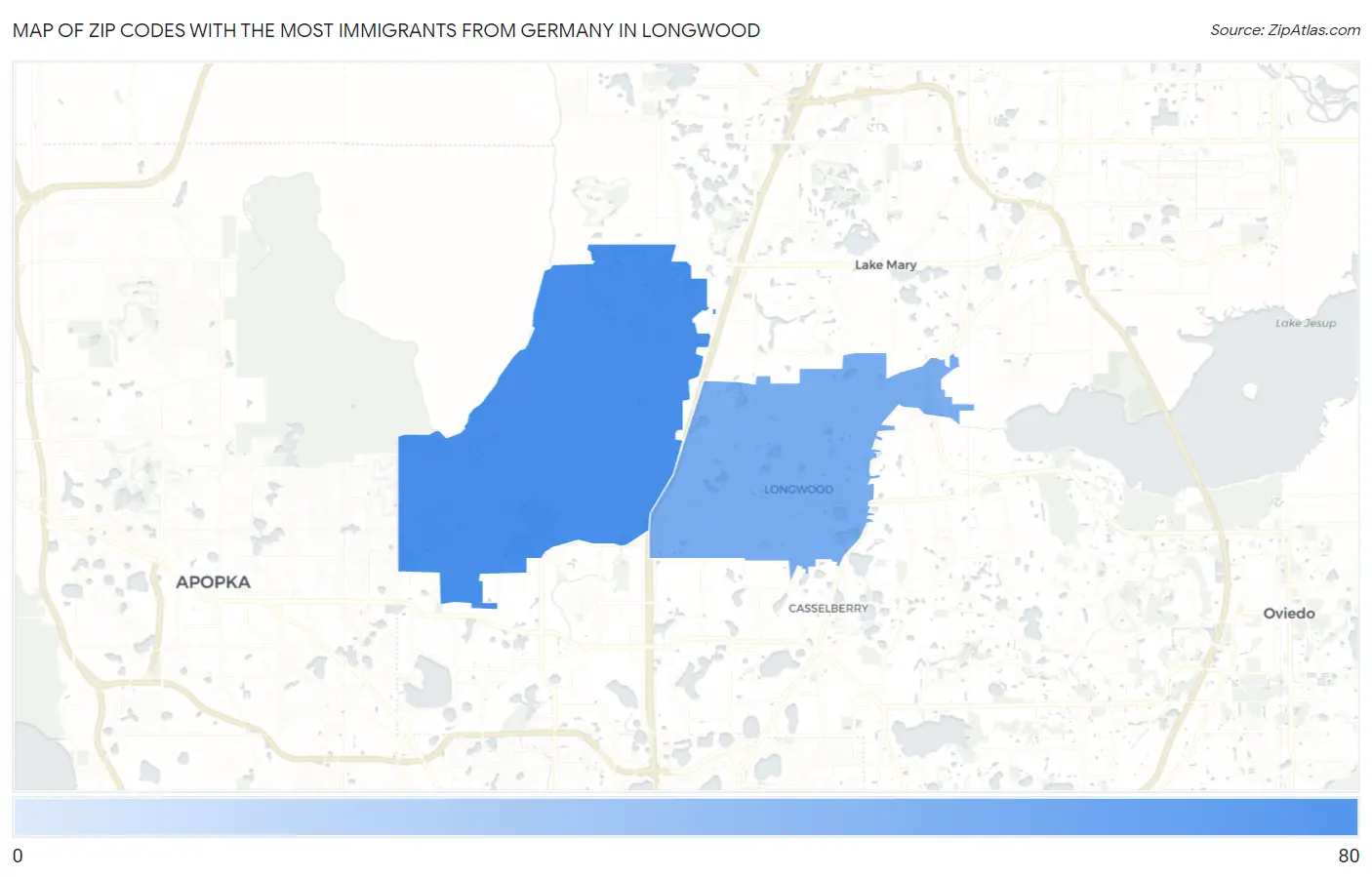 Zip Codes with the Most Immigrants from Germany in Longwood Map