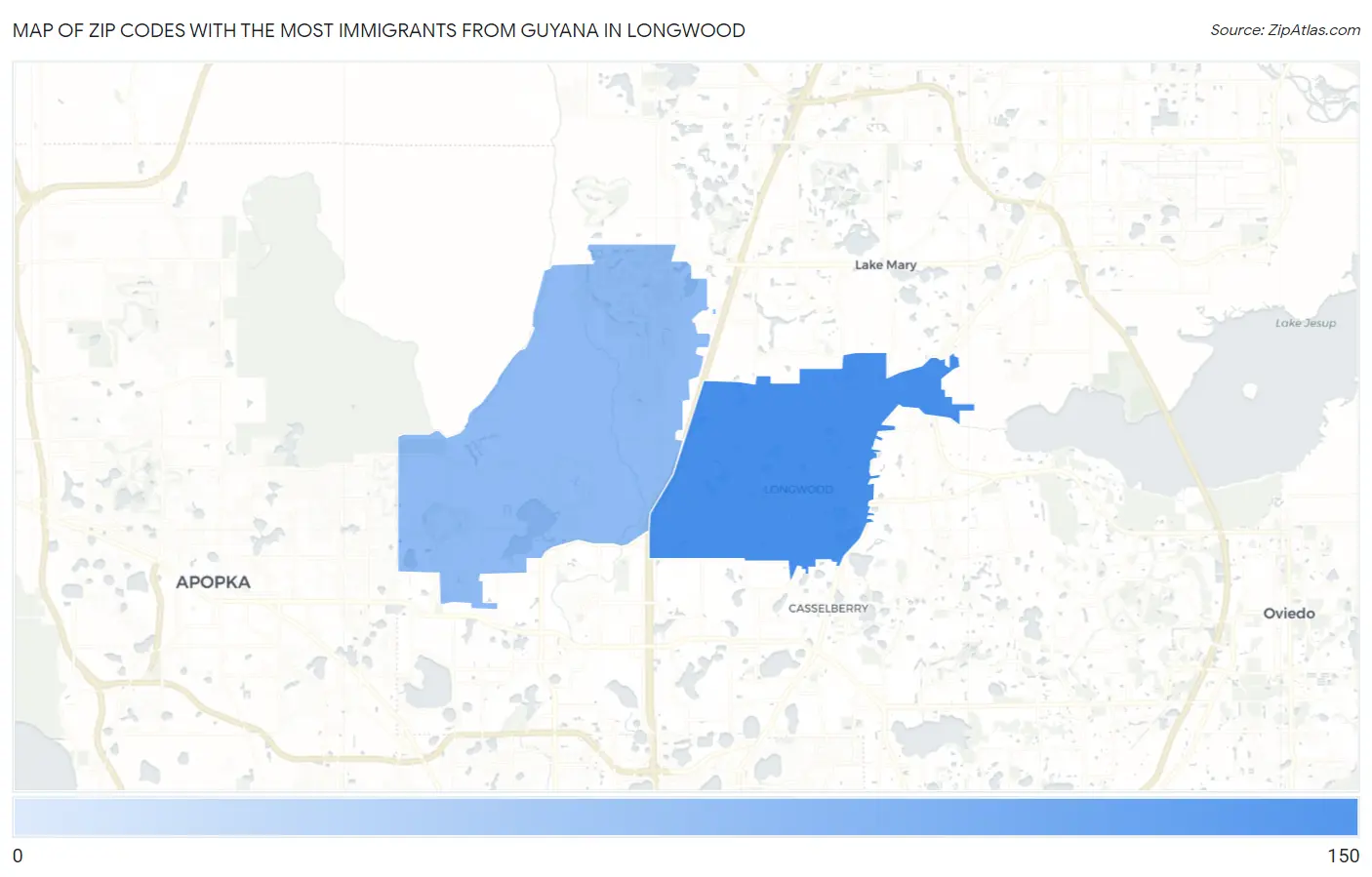 Zip Codes with the Most Immigrants from Guyana in Longwood Map