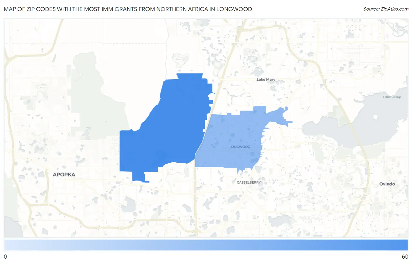 Zip Codes with the Most Immigrants from Northern Africa in Longwood Map